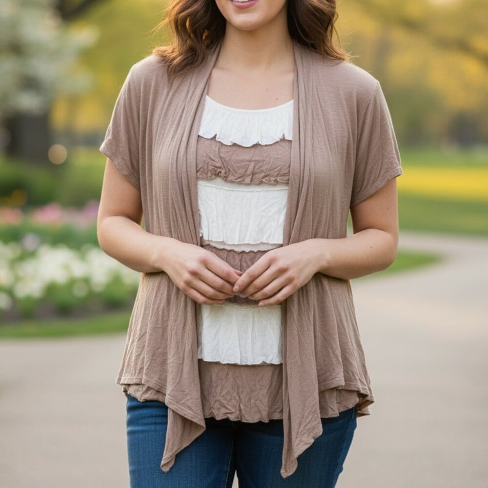 Andrea Missy Plus Taupe and White Ruffle Shirt Top Blouse size 3x